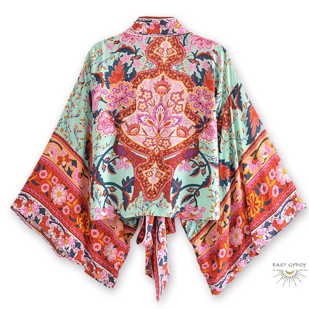 Gypsy Teal Floral Kimono Wrap Crop Top
